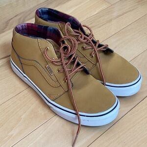 Vans youth mustard yellow with red plaid interior shoes. Size 4.5